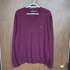 Polo Ralph Lauren Size L Burgundy V-Neck Merino Wool Knit Sweater